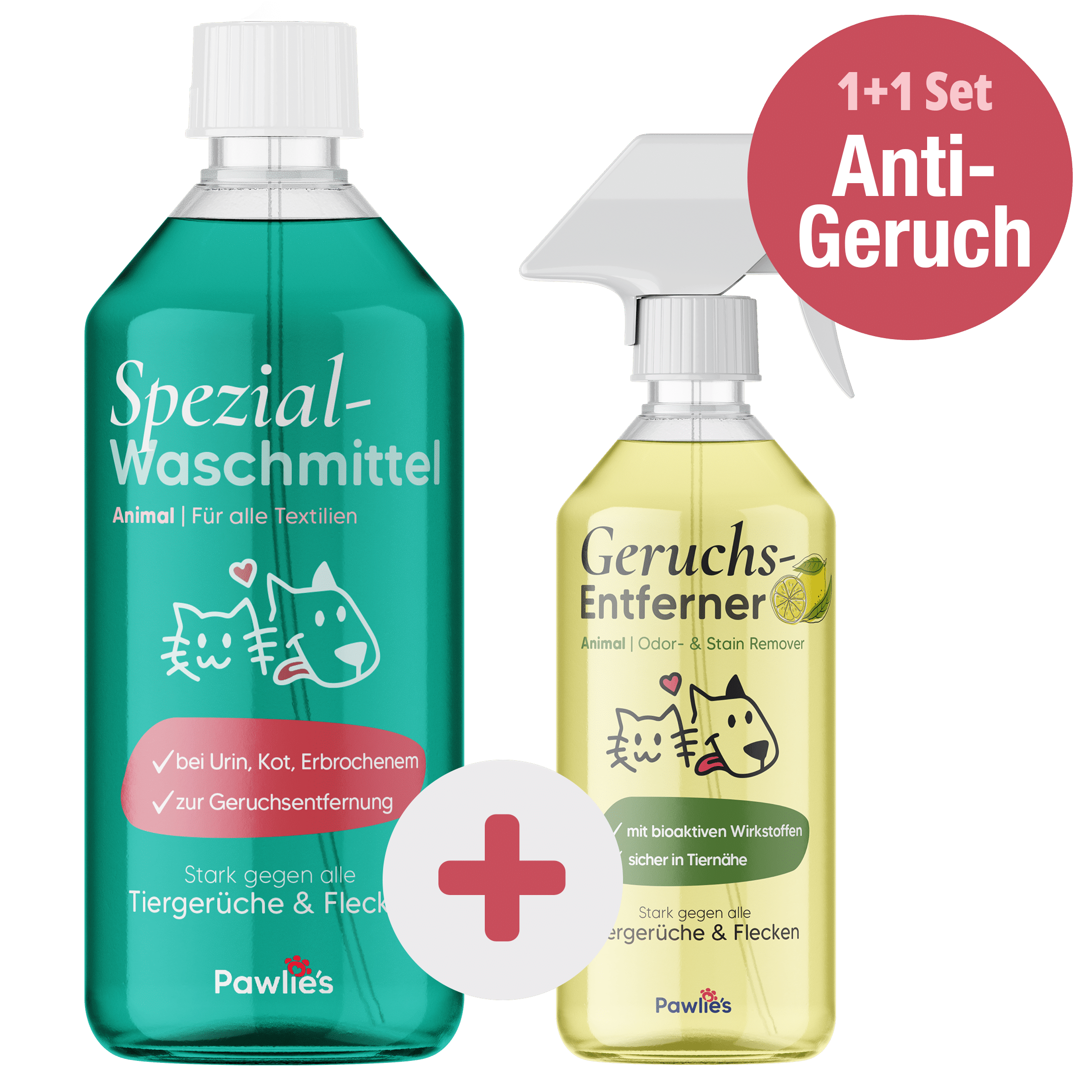 E-shop 's Geruchsentferner Set für Hunde & Katzen - 500ml Enzymreiniger Spray + 1L Waschmittel