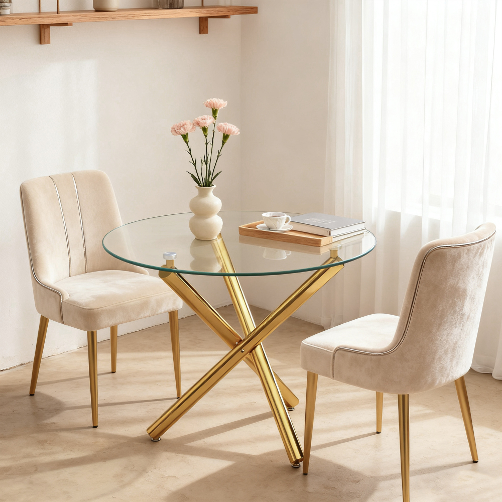 Image of 2-piece Dining Table Set With Transparent Tempered Glass Top, Golden Metal Legs, Cross Base Design, Adjustable Gliders, Stable & Durable, For 2–4 People, , 80 × 80 × 76 Cm