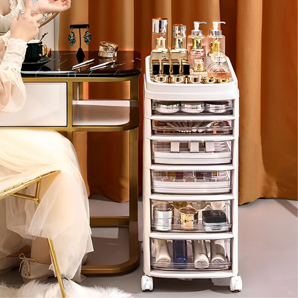 Floor Standing Cosmetic Storage Tower with Transparent Drawers, Portable Design