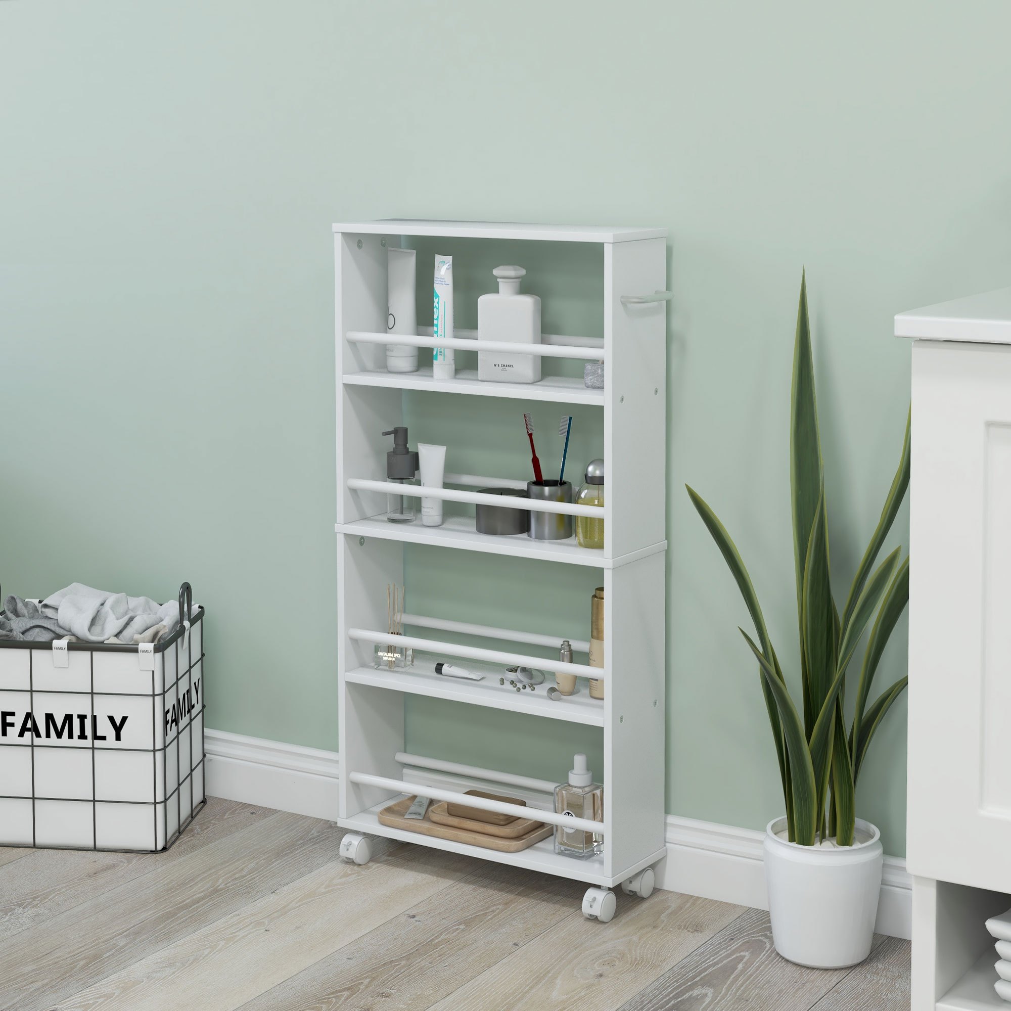 Image of Utility Cart, Narrow Serving Cart With 4 Tiers, Handles, Storage Cart For Kitchen, Living Room, White, 45 X 15 X 91 Cm