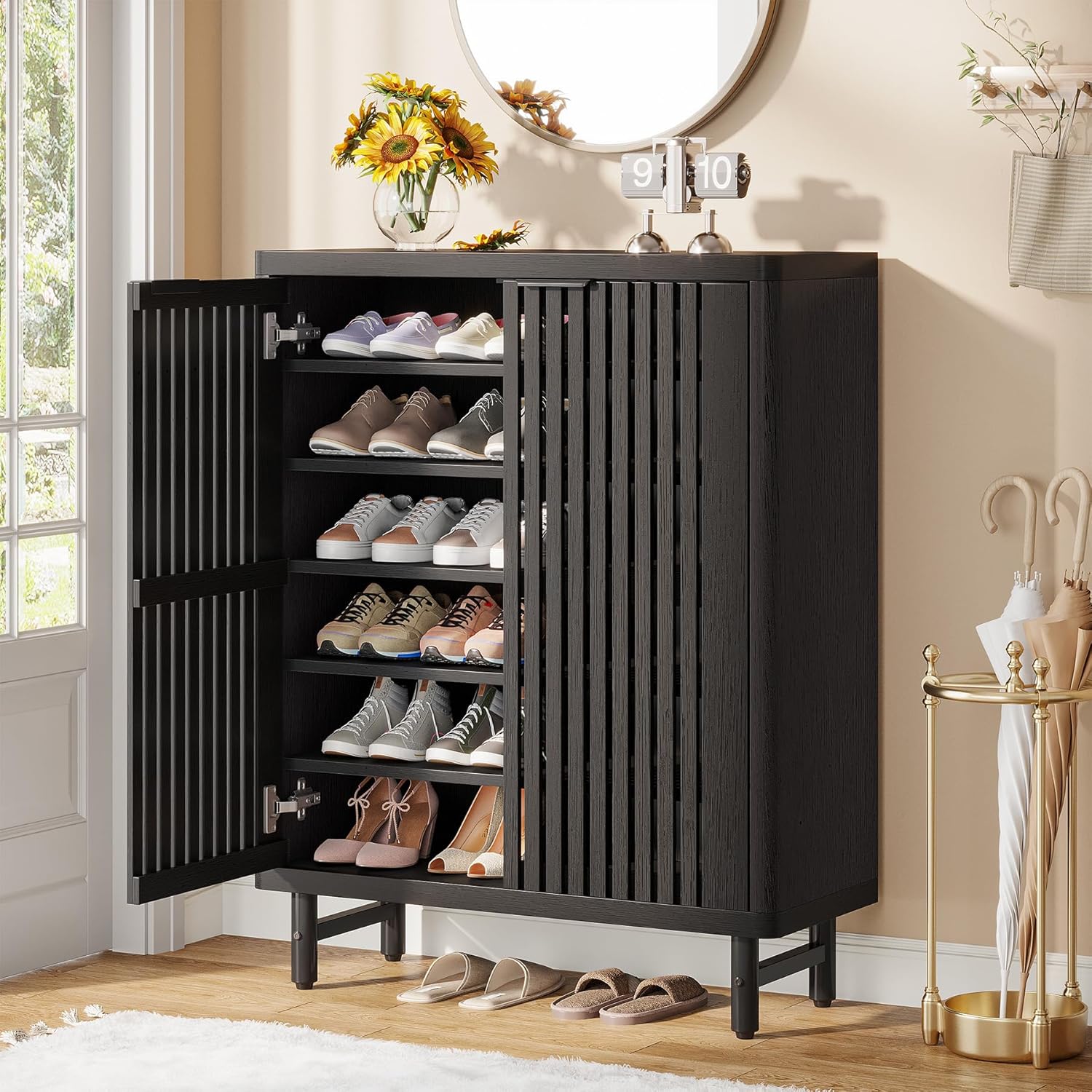 Image of Modern 6-tier Shoe Cabinet With Doors For Up To 24 Pairs, Large Wooden Shoe Storage Cabinet With Adjustable Shelves, Black Freestanding Shoe Organizer Cabinet For Entryway, Hallway, 1pc