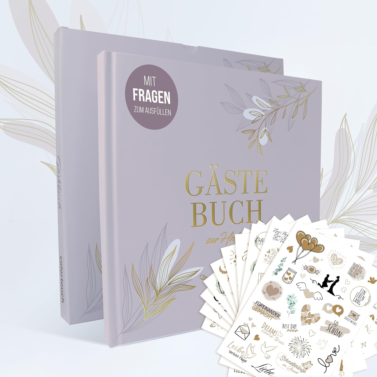E-shop colortouch Gästebuch Hochzeit mit Fragen 104 Seiten zum Ausfüllen, Aufkleber Hochzeit, Hochzeitsbuch mit Hardcover für schöne Erinnerungen,