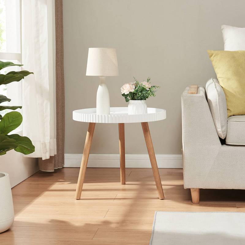 TEMU Table d'appoint Table basse 50 X avec pieds en bambou Plateau de table rond Blanc