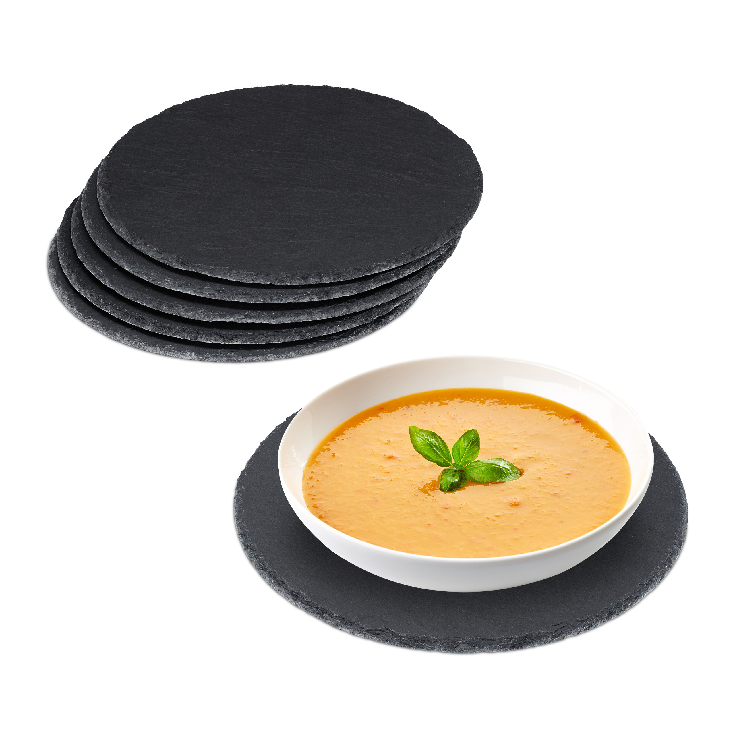 Image of Slate Plates Round, 6pcs Set, 25 Cm Diameter, 0.9 Cm High, , With Chalk, With Felt Glides, For Sushi, Cheese, Sausage, Bread And Warm Dishes At , Serving Plates, Cheese Plates, Placemats, Relaxdays.