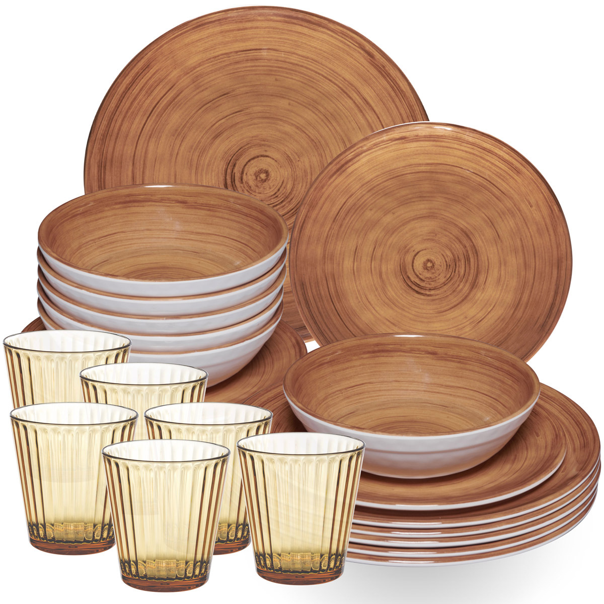 Melamine Dinnerware Set Brown For 6 People - 24 Pieces With Matching 360ml Acrylic Stoneware-look Drinking Glasses, Dishwasher Safe, Accessories For Camping, , Camping Festival