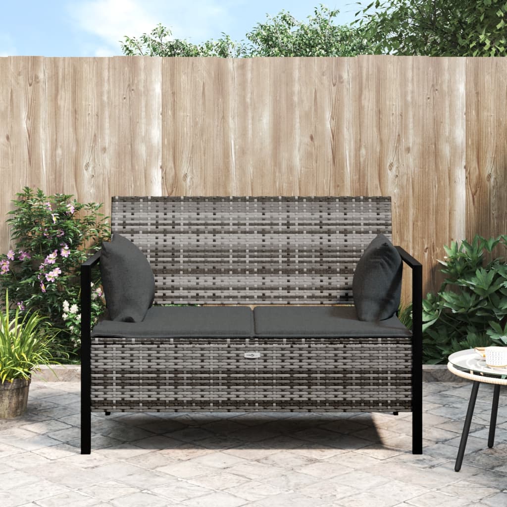 Vidaxl Garden Bench, 2-seater Bench With Cushions, Park Bench With Storage Space, , Bench With Armrests And Backrest, Grey Poly Rattan