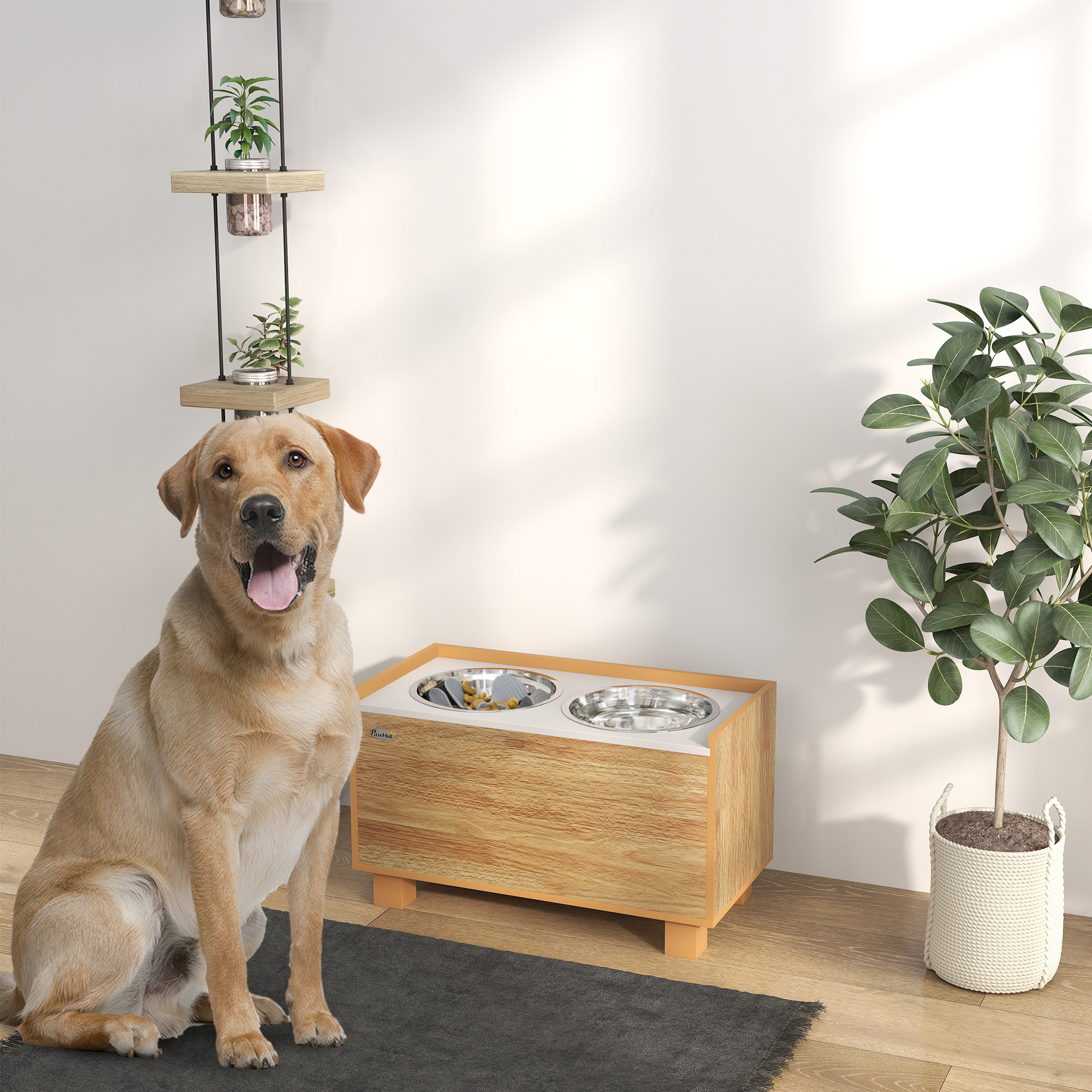 Image of Elevated Dog Feeder With Slow Feeder And Storage Space Bowls For Dogs With 2x2 L Stainless Steel Feeder And Waterer For Large Dogs Oak