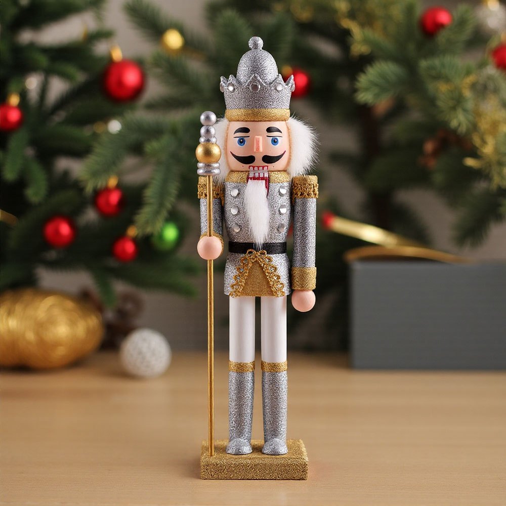 TEMU Glitter Nutcracker Decorative Statue 30cm Tall With Walking Stick, Christmas Holiday Gift For Home Decor, Festive Ornament For Seasonal