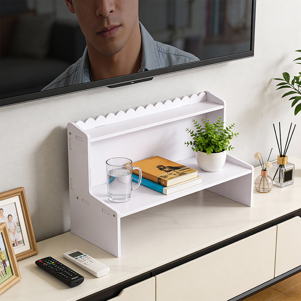 TEMU Wood Display Desktop Shelves With Cubbies And Open Back Compartment 2 Layers Storage Rack Mini Bookshelf Office Supplies Desk Organizer White