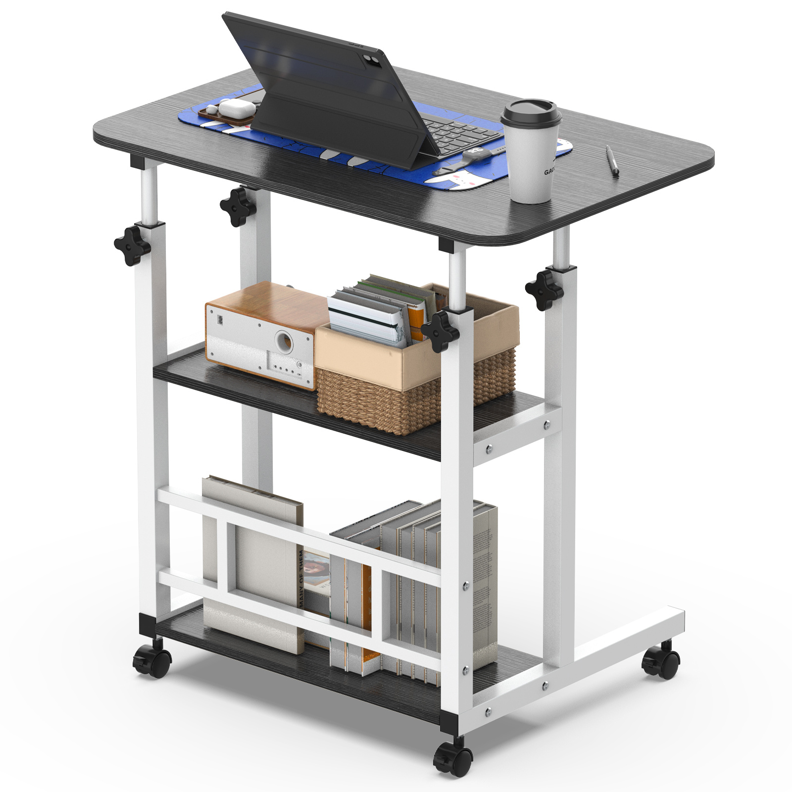 Lingsen Adjustable Mobile Computer Desk With Wheels - Standing Desk Suitable For Office, Study, Small Rooms - 3-tier Storage Shelves, Movable Desk