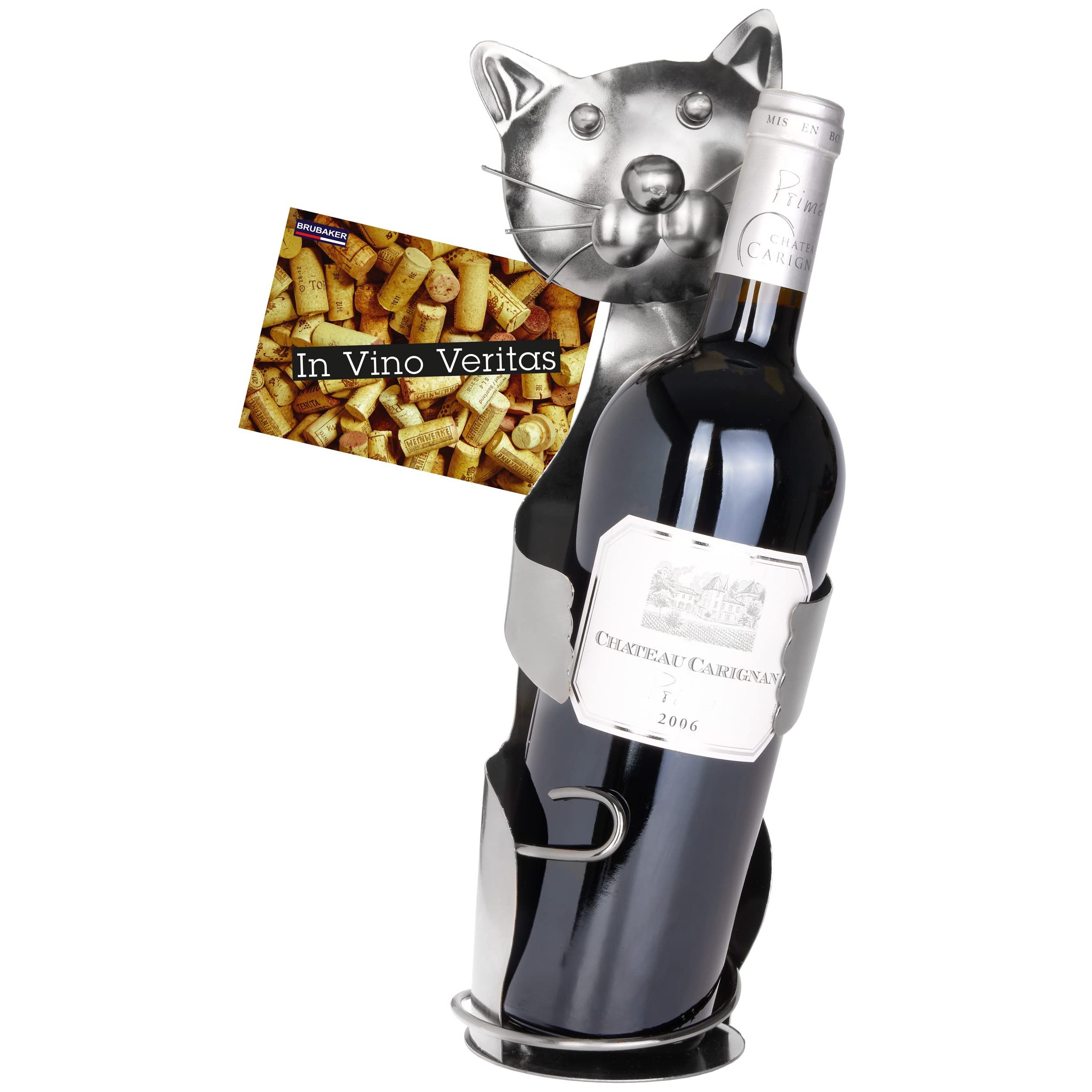 Image of Brubaker Wine Bottle Holder Cat - Metal Sculpture Bottle Stand Embracing Kitten - Metal Figure Wine Gift For Cat Lovers - With Greeting Card