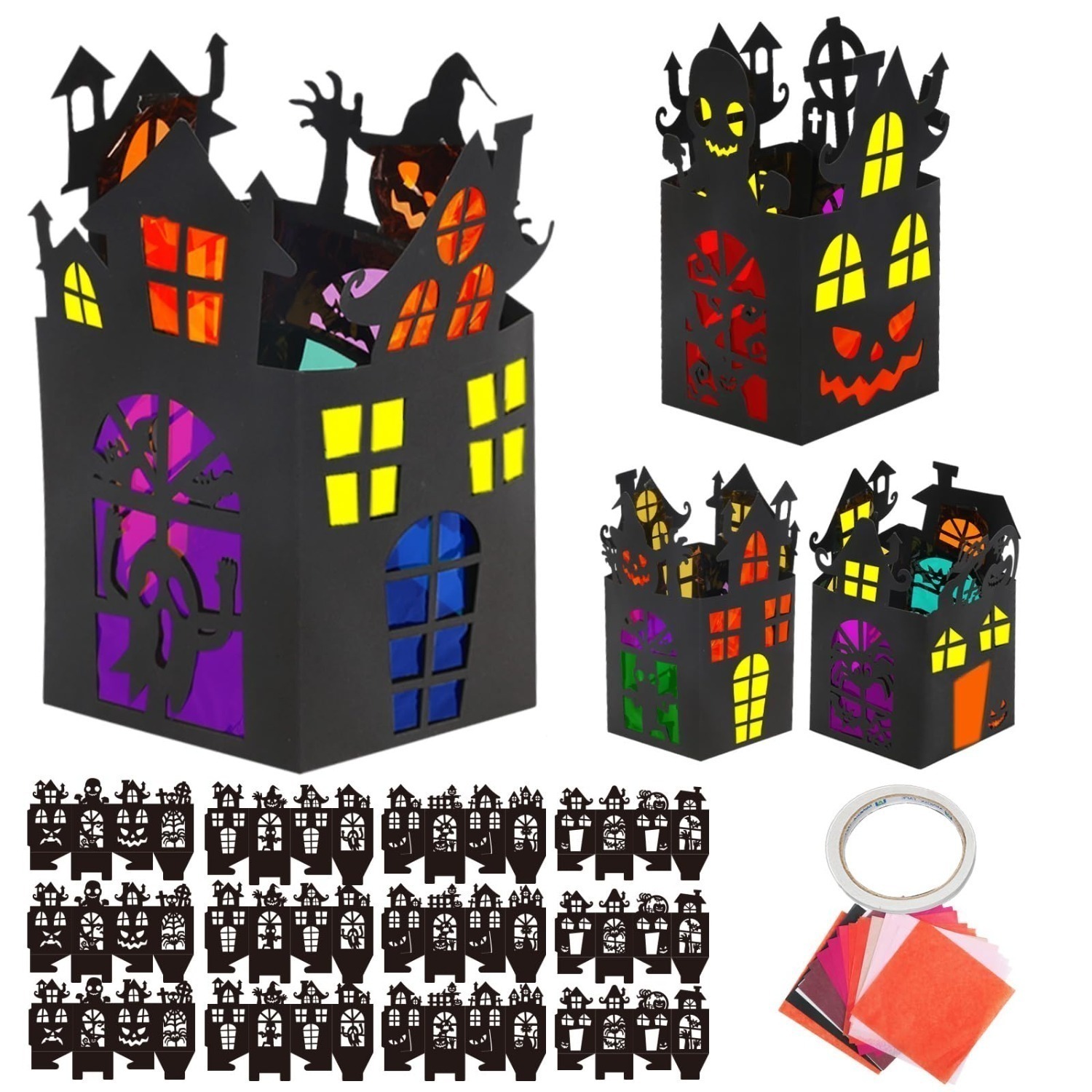 25-piece Craft Kit With 12-part Paper House, 4 Designs, 8-color Gloss Paper & Double-sided Tape For Halloween Decoration Party Supplies Set