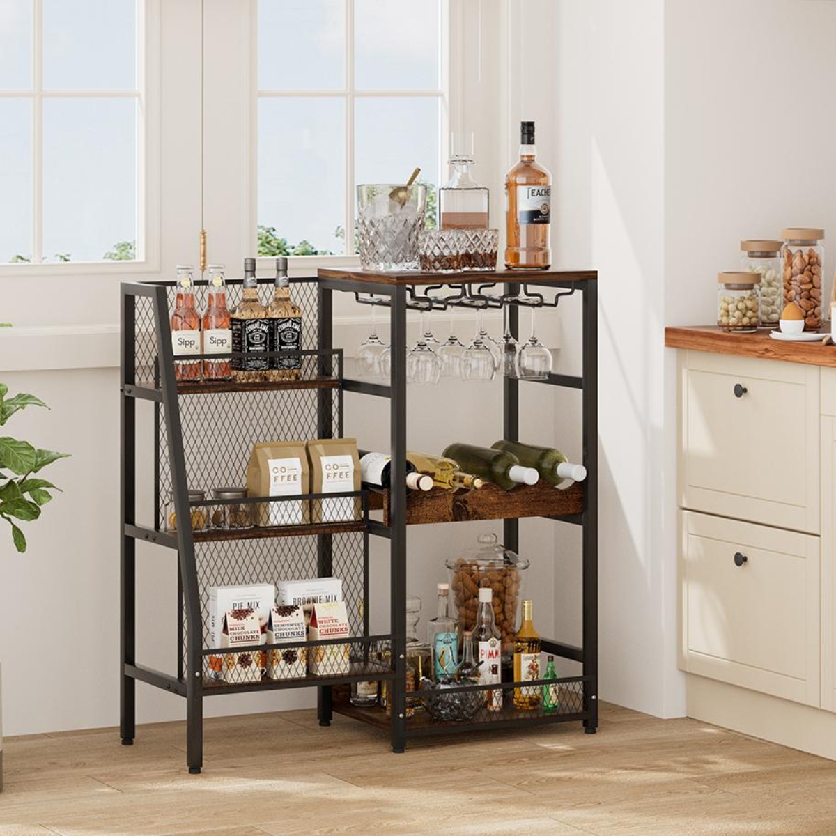 TEMU Wine Bottle Rack, 3-tier Trapezoidal Display Shelf, Multifunctional Wine Bar Cabinet Style With Tall Glass Holder & Drop-proof Net, Ideal For