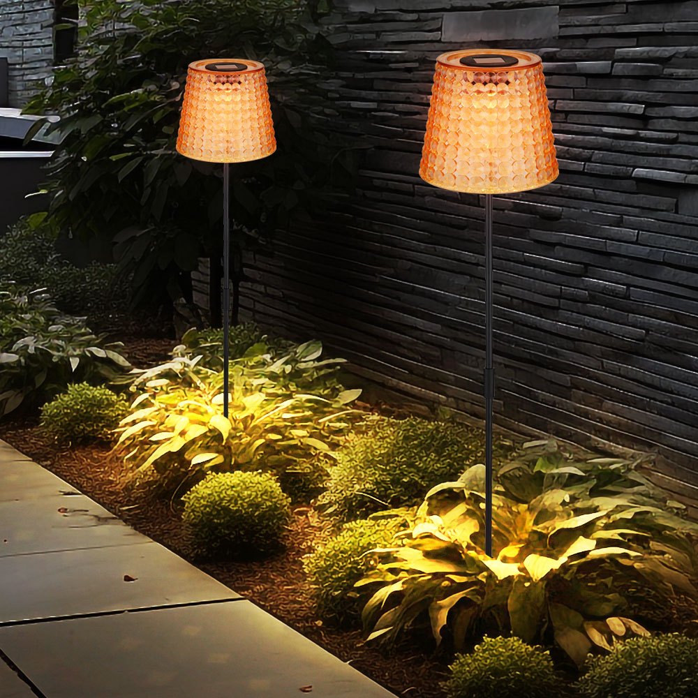 E-shop LED Solarlampe Gartendeko Außenleuchte Kristalllampe, amber schwarz Kunststoff, Akku IP44 Erdspieß, 3000K warmweiß, 2er Set, H 60 cm