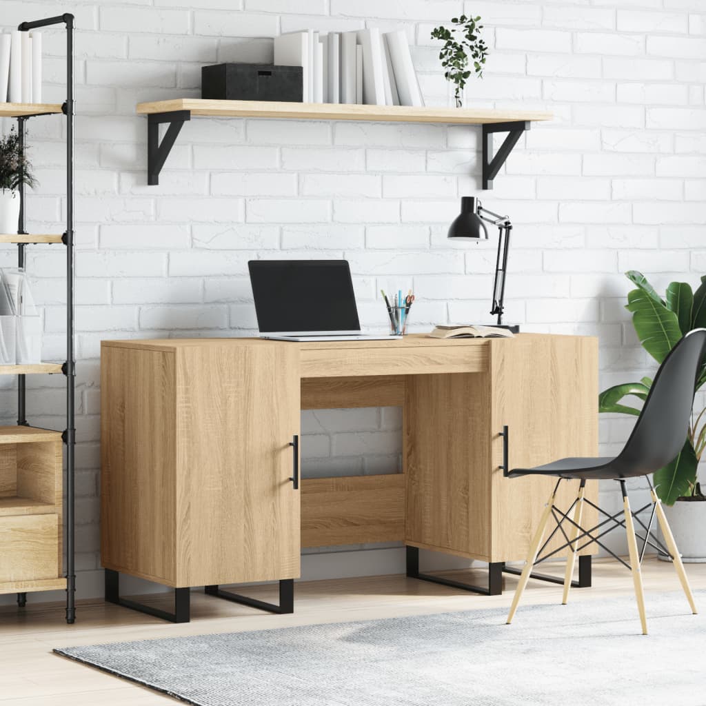 Image of Vidaxl Desk, Office Table With 2 Cabinets, Computer Desk For Office Living Room, Work Table Laptop Desk Office Desk, Oak Wood Material