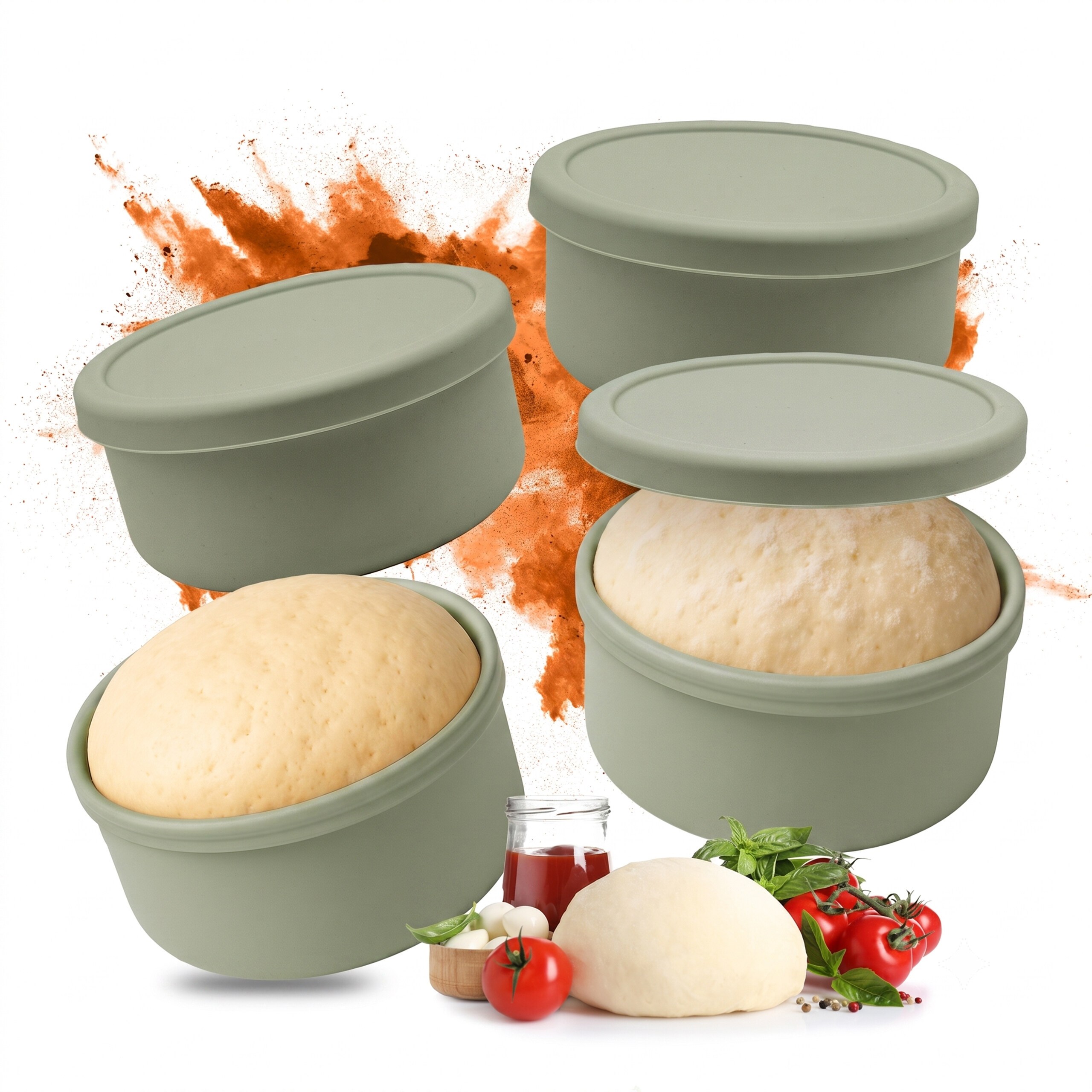 TEMU Silicone Boxes, 4-piece Set, 6.5 X Cm, For 250-350 G Dough, Freezer-safe, With Lids, Stackable, Sage Green, For Kitchen, Fridge, And Freezer,