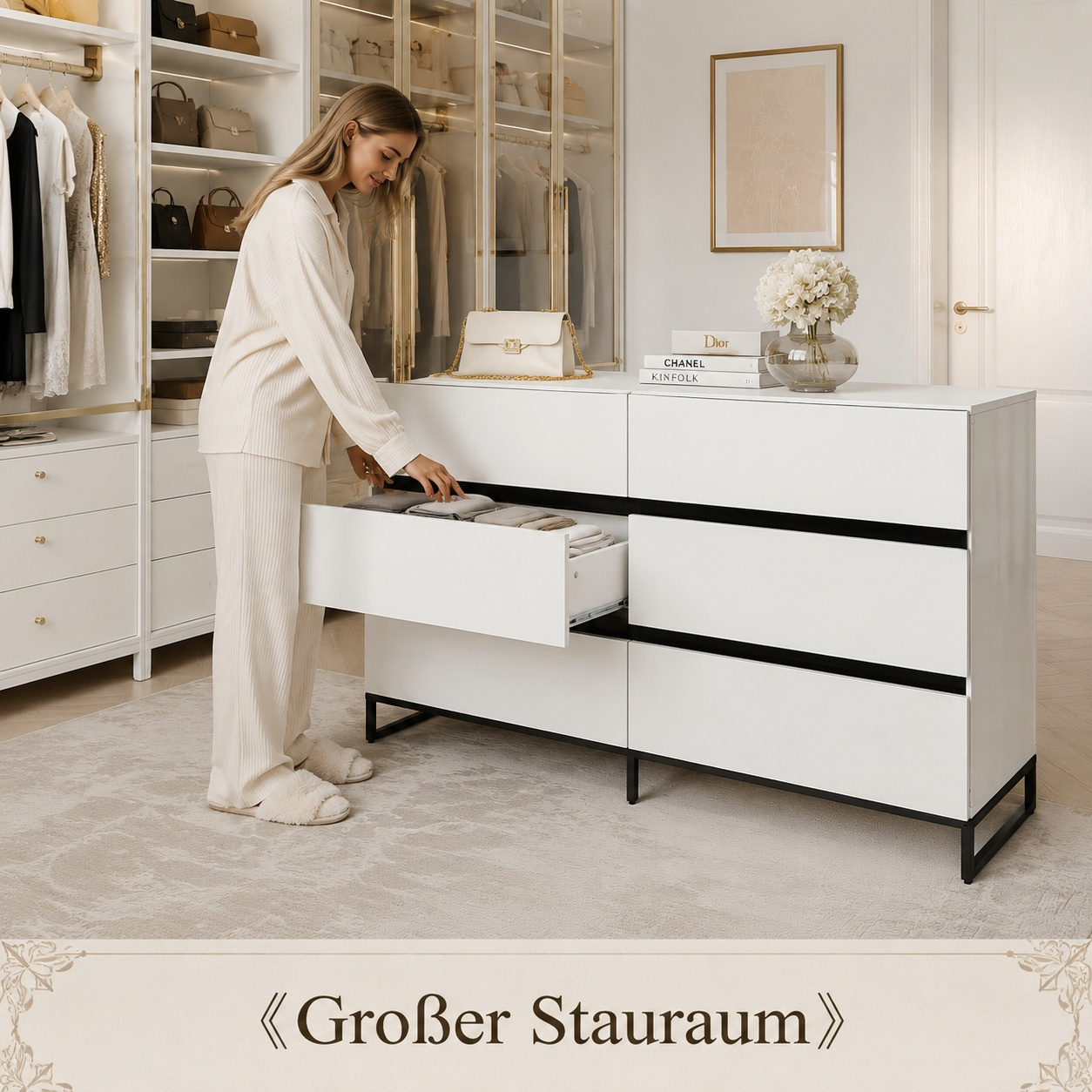 Image of Dresser 140x39.5x78.5 Cm With 6 Spacious Drawers And Easy-to-clean High-gloss Surface, For Living Room, Hallway, Bedroom.