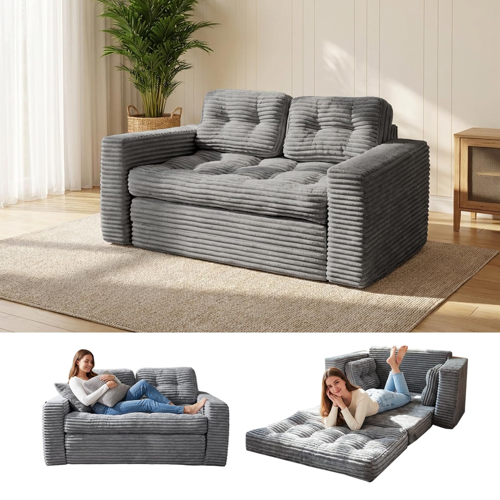 Image of Floor Sofa Sleeper Bed With Pillow Back Support Armrest, 140 Cm Wide, Foldable Sofa 2-in-1 Room, Bedroom, And , Grey