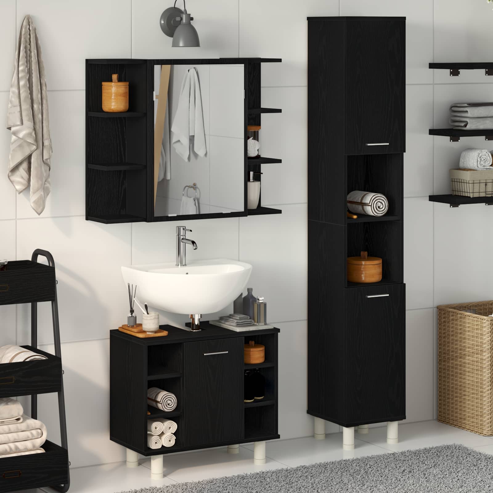 Image of Bathroom Furniture Set 3pcs. Black 30 X 30 X 179.5 Cm, Stylish Bathroom Furniture Set, Modern Wooden Storage, For Order And Utility Decoration