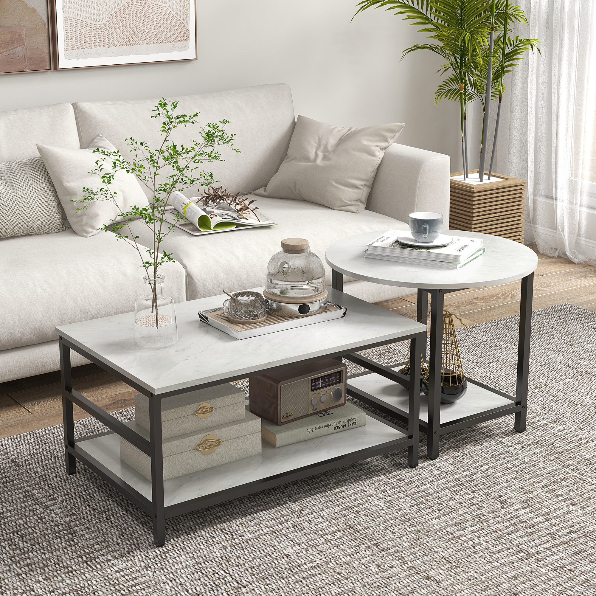 Image of Side Table 2-piece Set, Nightstand, Coffee Table With Steel Legs, Living Room Table For Living Room Bedroom, 80 X 54 X 41 Cm