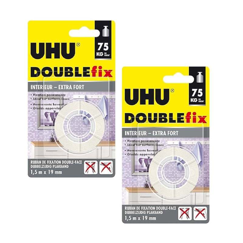 2x Uhu Extra Strong Indoor 1, 5m X 19mm Double-sided Adhesive Tape For Mounting