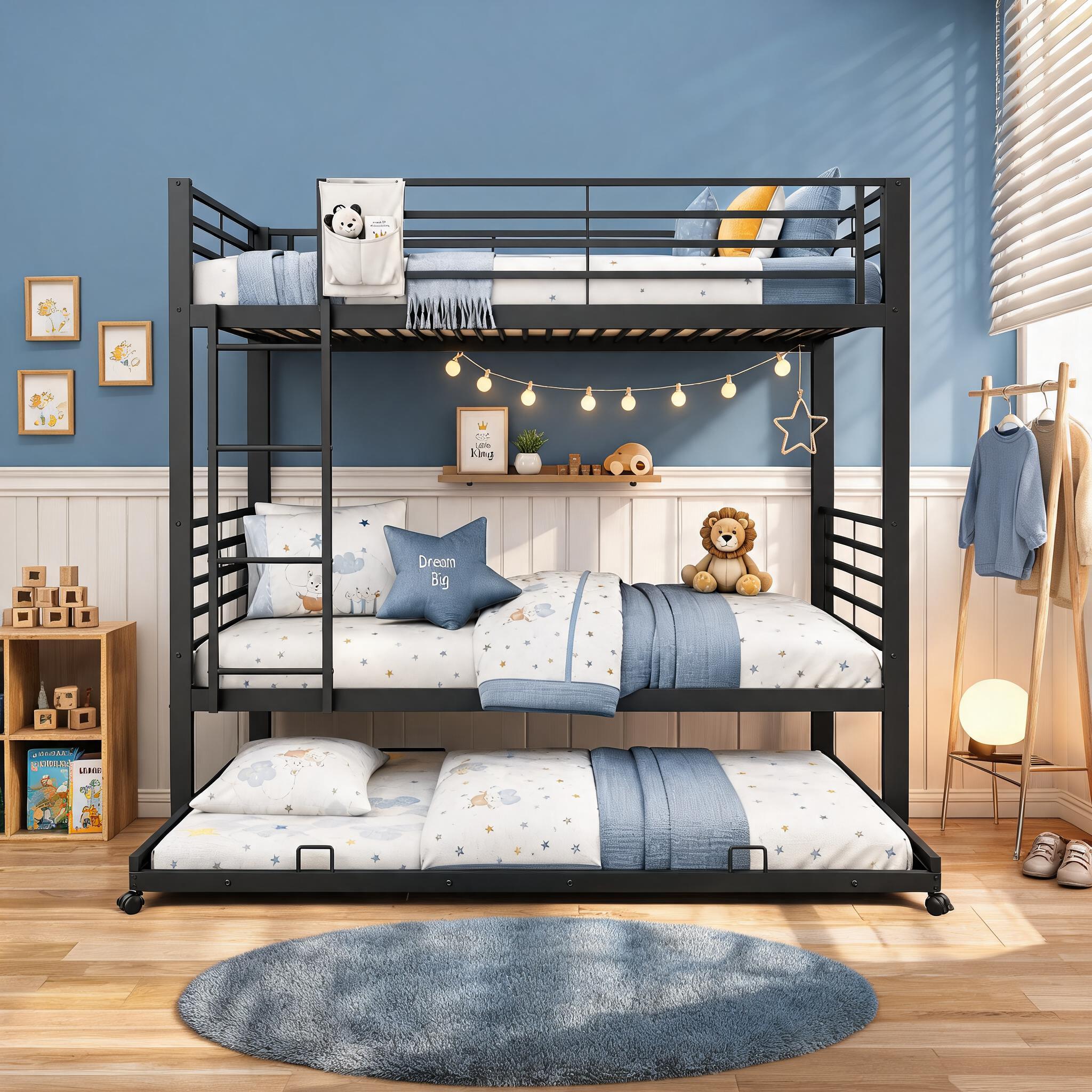 Image of En 747 Certified Bunk Bed 90x200 Cm With Pull-out Bed, Stable Metal Bed With Fall Protection And Ladder, Space-saving High Bed For 3 People And , Black