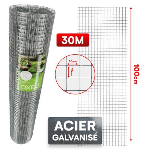 grillage à poule 30m haut 1m - acier galvanisé à chaud – 16x16mm - filet de clôture pour poulailler - epaisseur fil 0,8mm