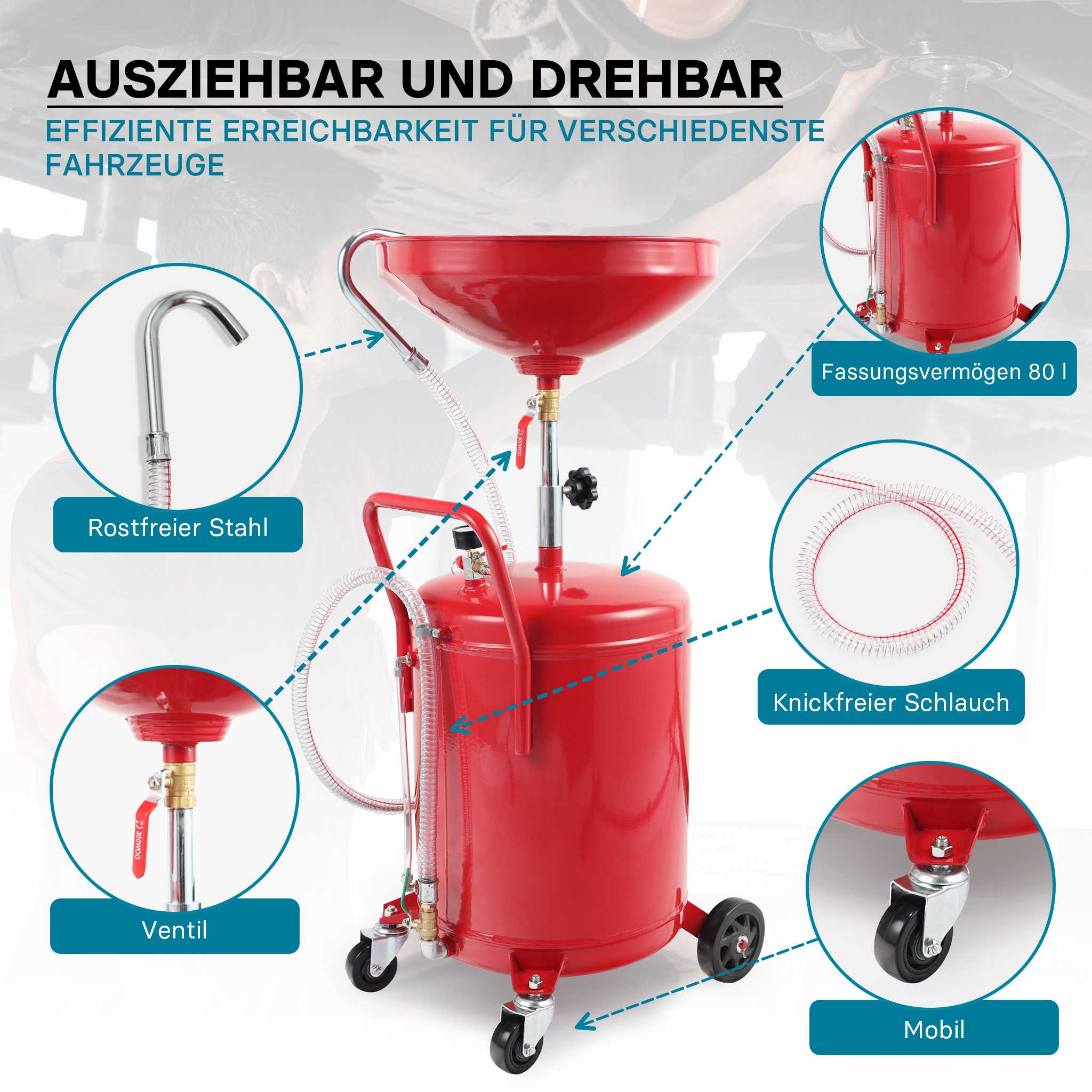 Oil Drip Tray For 80l, Height Adjustable 122-168 Cm With 4-wheel Chassis, Emptying By Air Pressure
