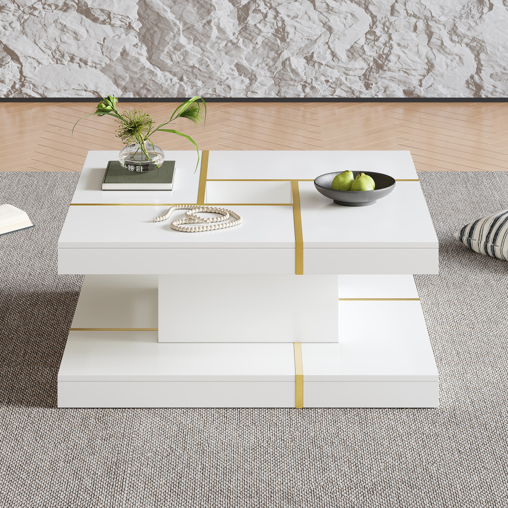 Image of 2-tier Stepped Design Coffee Table, Golden Metal Edges Minimalist, Central Support Column Tilt-free, Chipboard, Easy To Clean, For Living Room