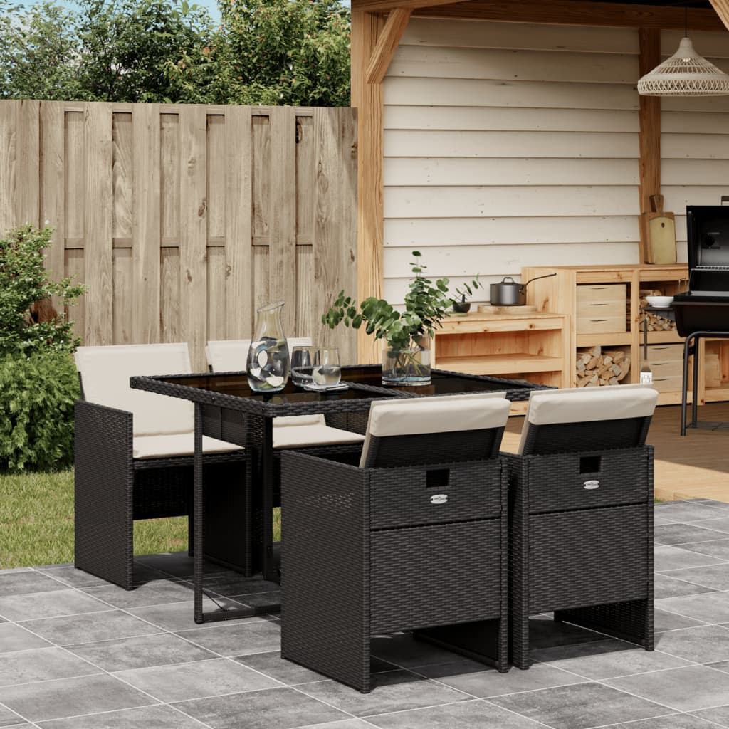 Image of Vidaxl Garden Dining Set 5pcs, Garden Furniture Set With Cushions, Garden Furniture Table 4 Chairs, Lounge Seating Set, Black Poly Rattan