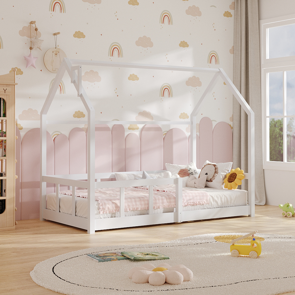 1pc Playful Treehouse Design Kids Bed Frame - 167×87×135cm Solid Pine Wood Construction, Safety Rails Included, Boys/Girls Bedroom Furniture (Mattress Excluded)
