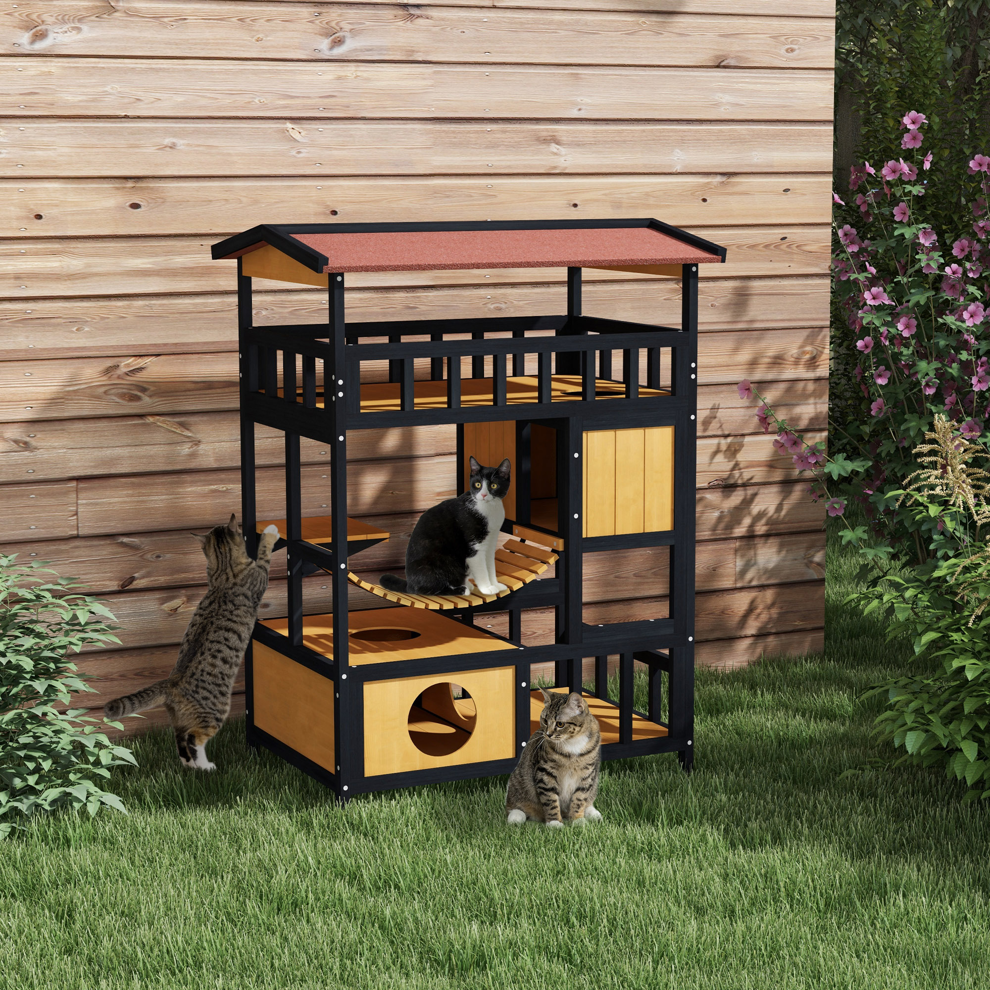 Image of Waterproof Wooden Cat House With Asphalt Roof, Terrace, Suspension Bridge, Winter-proof Cat Cave, Outdoor , Garden Shelter – 84 X 60 X 116 Cm, Yellow