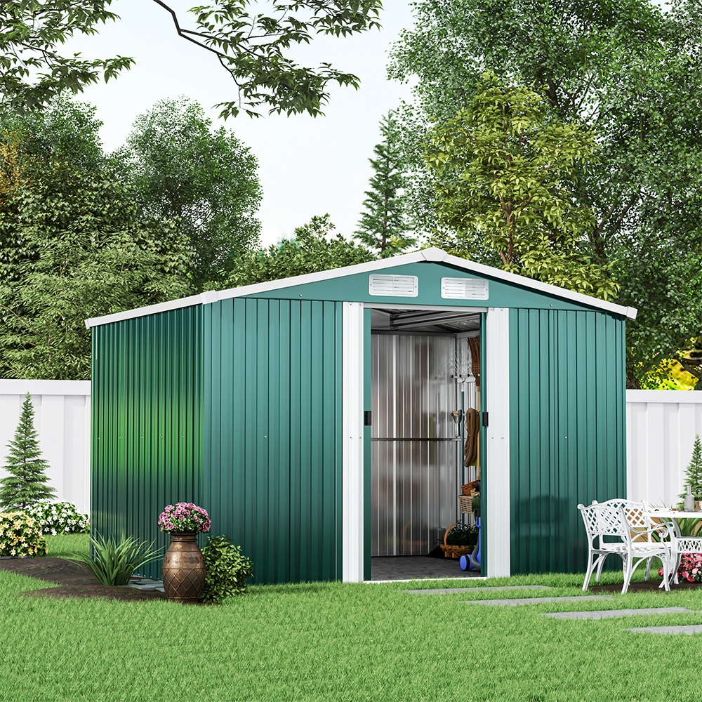 6 8 inch dark green courtyard outdoor metal shed movable and detachable warehouse storage room double entrance four layer ventilation system with base integrated base kit   roof for storing firewood tools