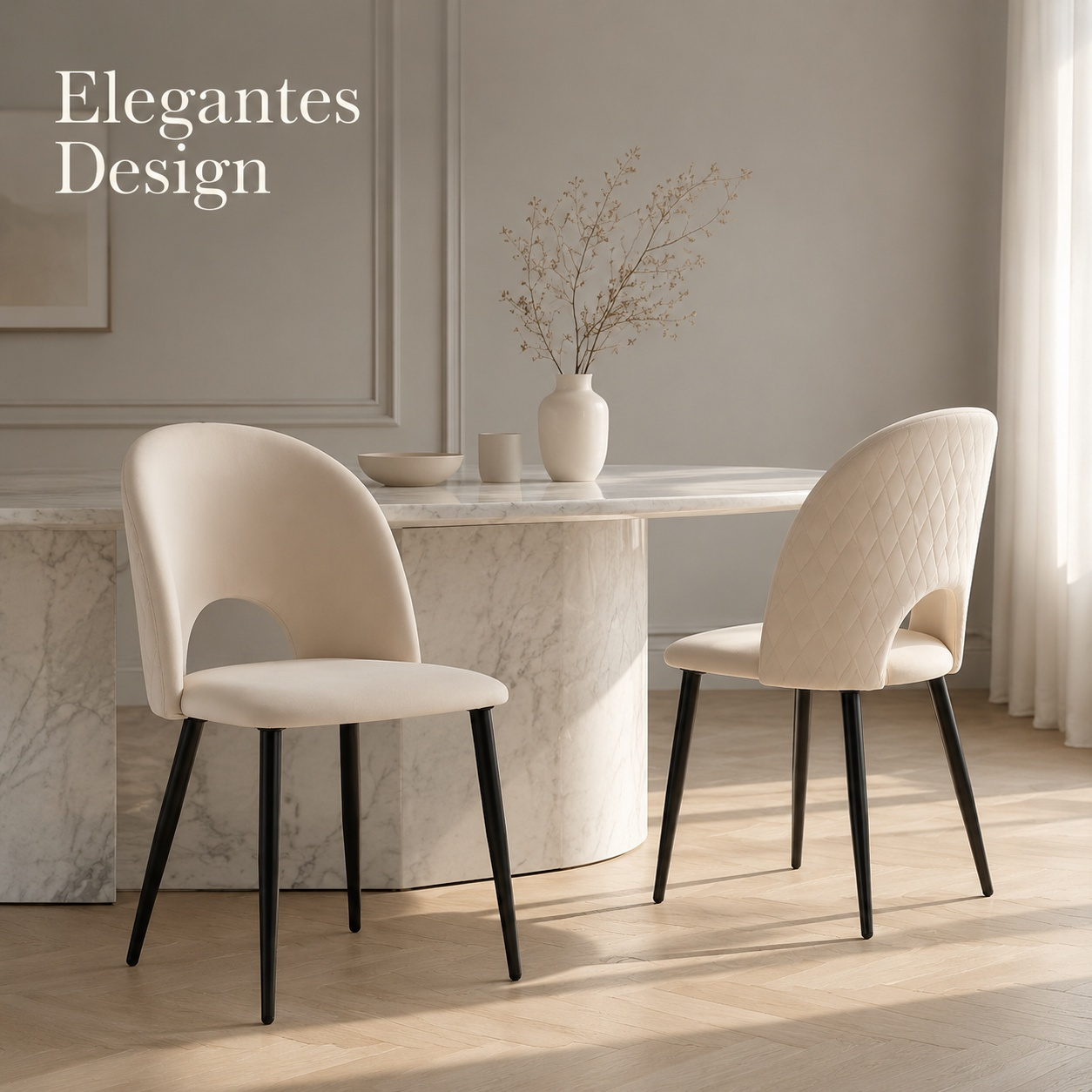 Image of Set Of 2 Dining Chairs, Beige Upholstered Chair With Backrest, Velvet Seat, Metal Frame