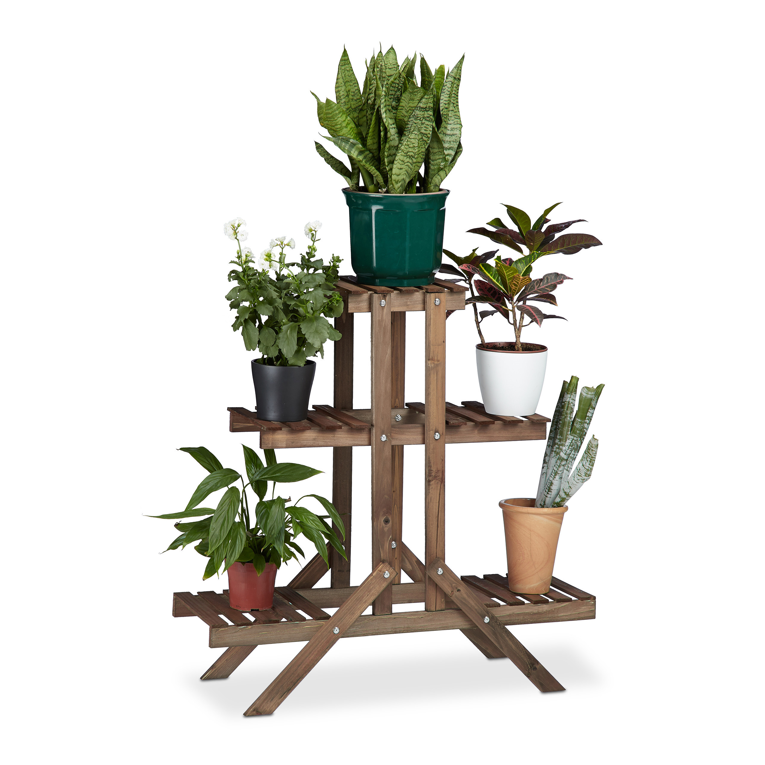 Image of Flower Stand 3 Levels, 5 Storage Surfaces, Solid Wood, 82.5 X 83 X 28.5 Cm, Dark Brown, Freestanding, For Living Room, Hallway And Winter Garden, Plant Shelf, Flower Stand, Plant Column, Relaxdays
