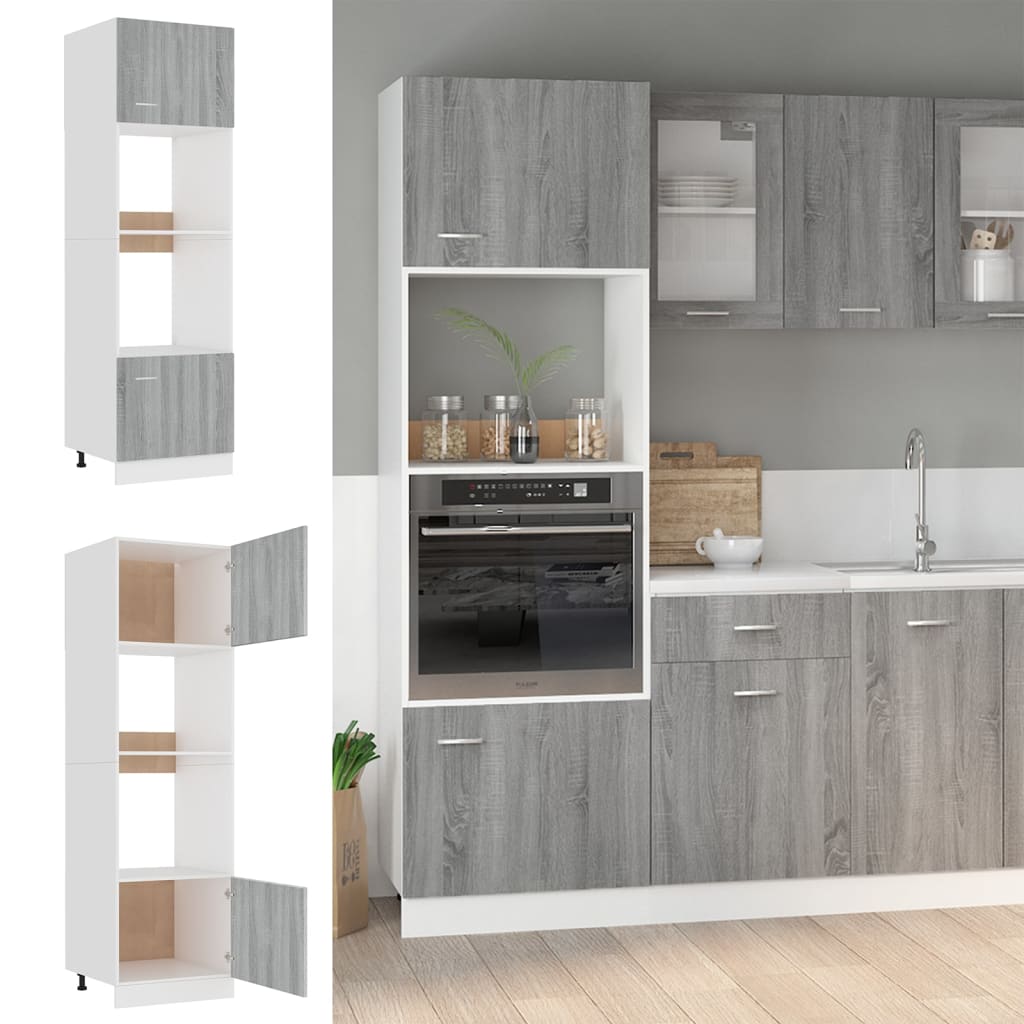 Image of Vidaxl Microwave Cabinet "" Grey 60x57x207 Cm Wood, Kitchen Cabinet, Kitchen High Cabinet, Kitchen Furniture, Kitchen Unit For Oven Microwave