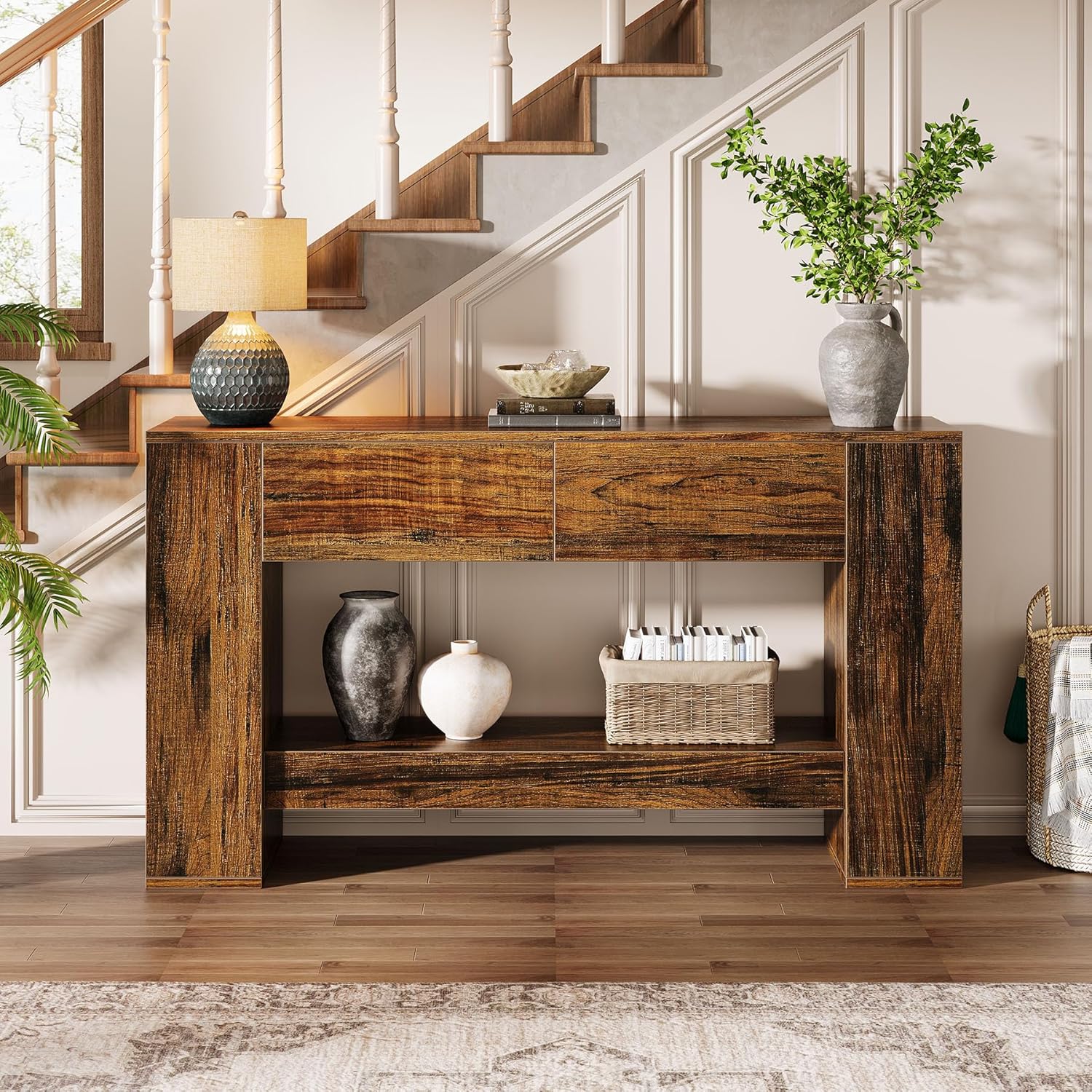 Image of Vintage Console Table With 2 Drawers, Wooden Sofa Table Behind Couch, 2-tier Narrow Entryway Console Table 140 Cm For Living Room, Hallway, Entrance Area, Rustic Brown
