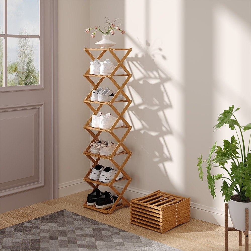 Image of Vertical Narrow Shoe Rack - 5/6/7-tier Portable Foldable Shoe Storage, No Assembly Freestanding For Corridors, Bedroom, Living Room Corner & Small Spaces