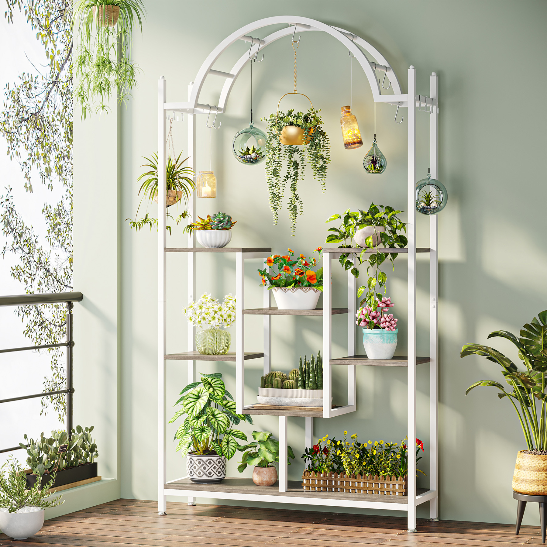5-storey Indoor Shelf, 74.8-inch Arched Metal Bookshelf With Hooks, Indoor Large Bonsai Flower Pot Display Rack, Balcony, Living Room.