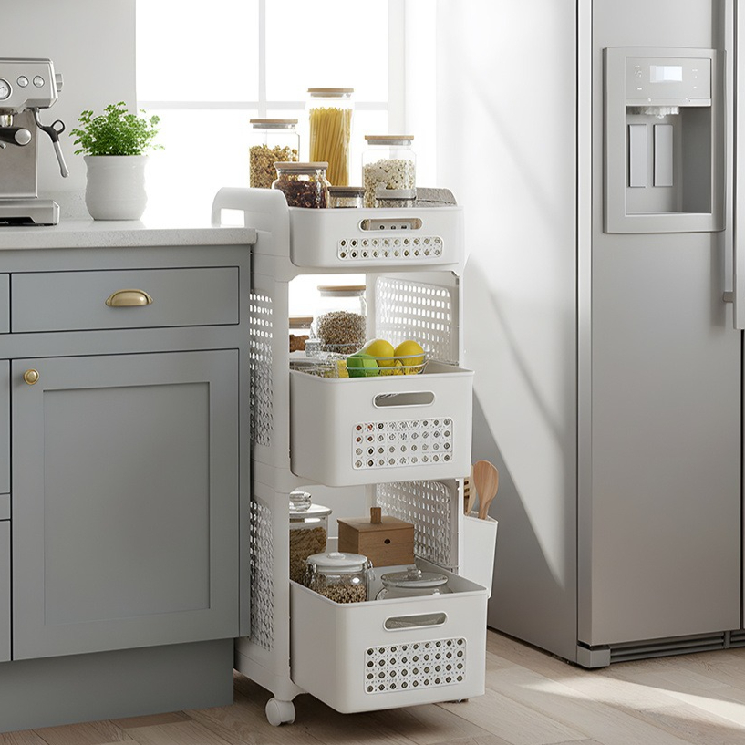 TEMU 3-tier Portable Mobile Utility Shelving Unit, Snack/fruit/miscellaneous Storage Rack, Features Lockable Castors, External Hook And Small Basket