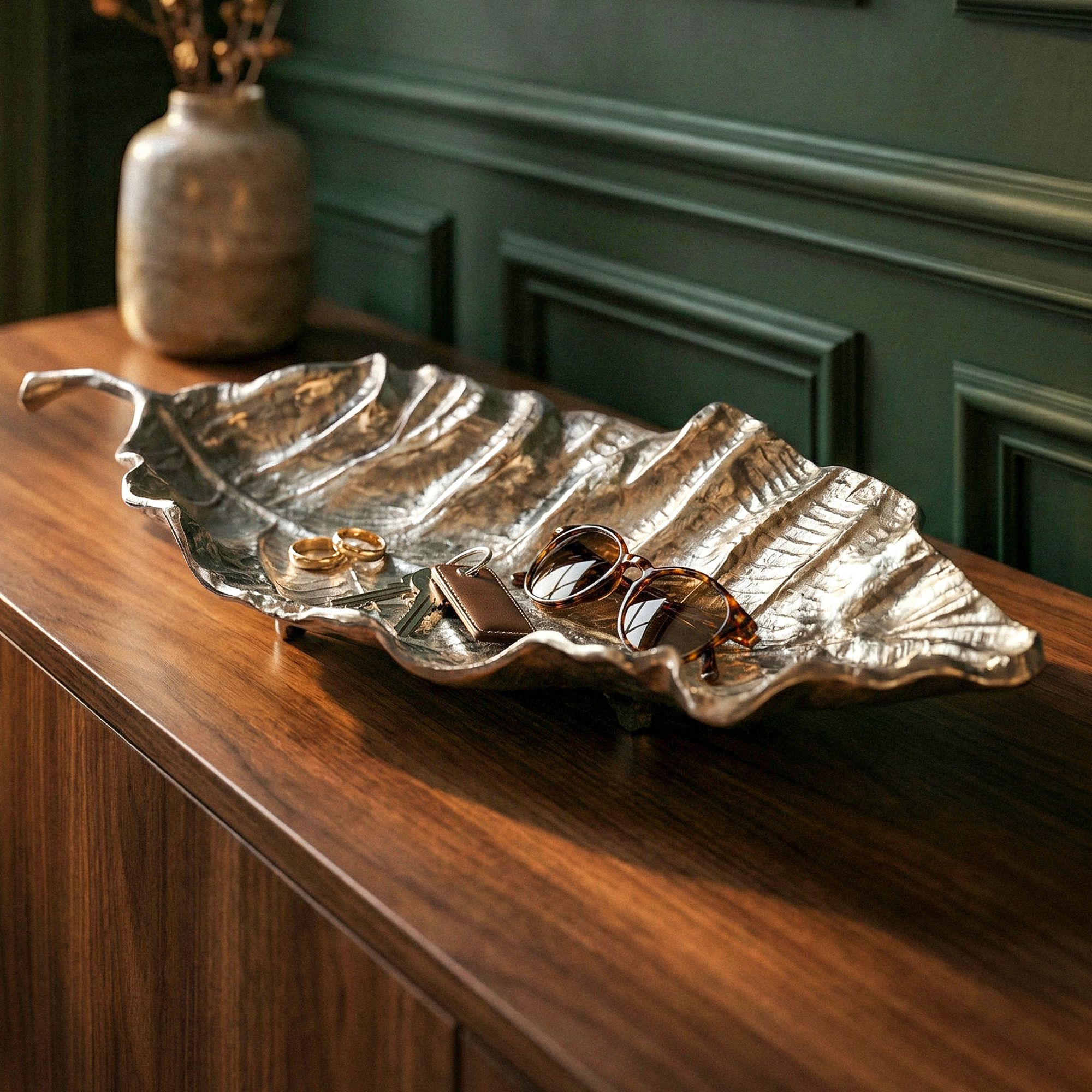 Image of Decorative Bowl Leaf Aluminum Silvery Bowl 67cm - Design Table Decoration Metal Living Room - Modern Aluminum Home Accessory - Metal Bowl Decoration - Long Aluminum Bowl Handmade