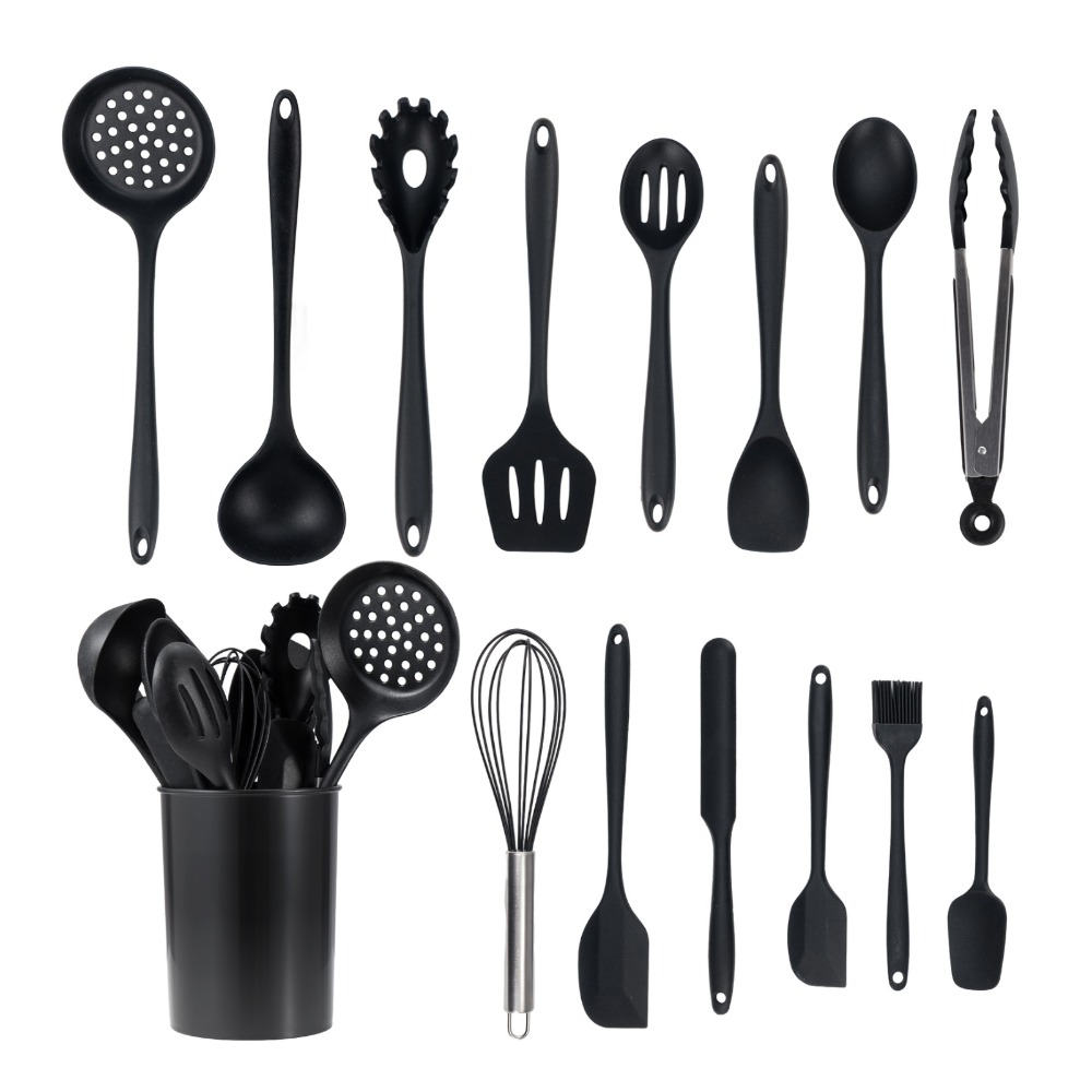 15-piece Silicone Kitchen Utensil Set, Heat Resistant, Dishwasher Safe, Coating, Includes Storage Rack, Black