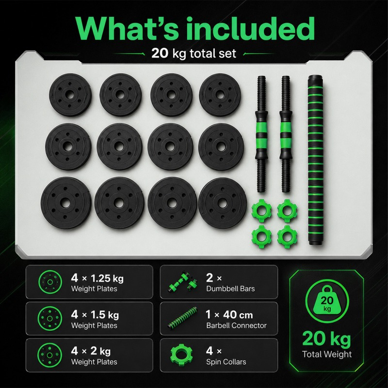 20KG Adjustable Dumbbell Set 3-in-1 Weight Set with Connector Bar