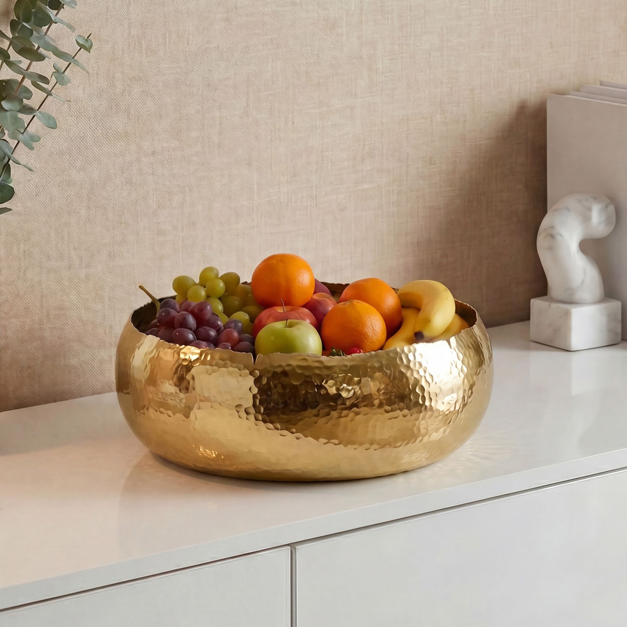 Round Gold Metal Fruit Bowl 35cm Table Decoration - Modern Aluminum Fruit Basket - Elegant Handmade Aluminum Fruit Bowl