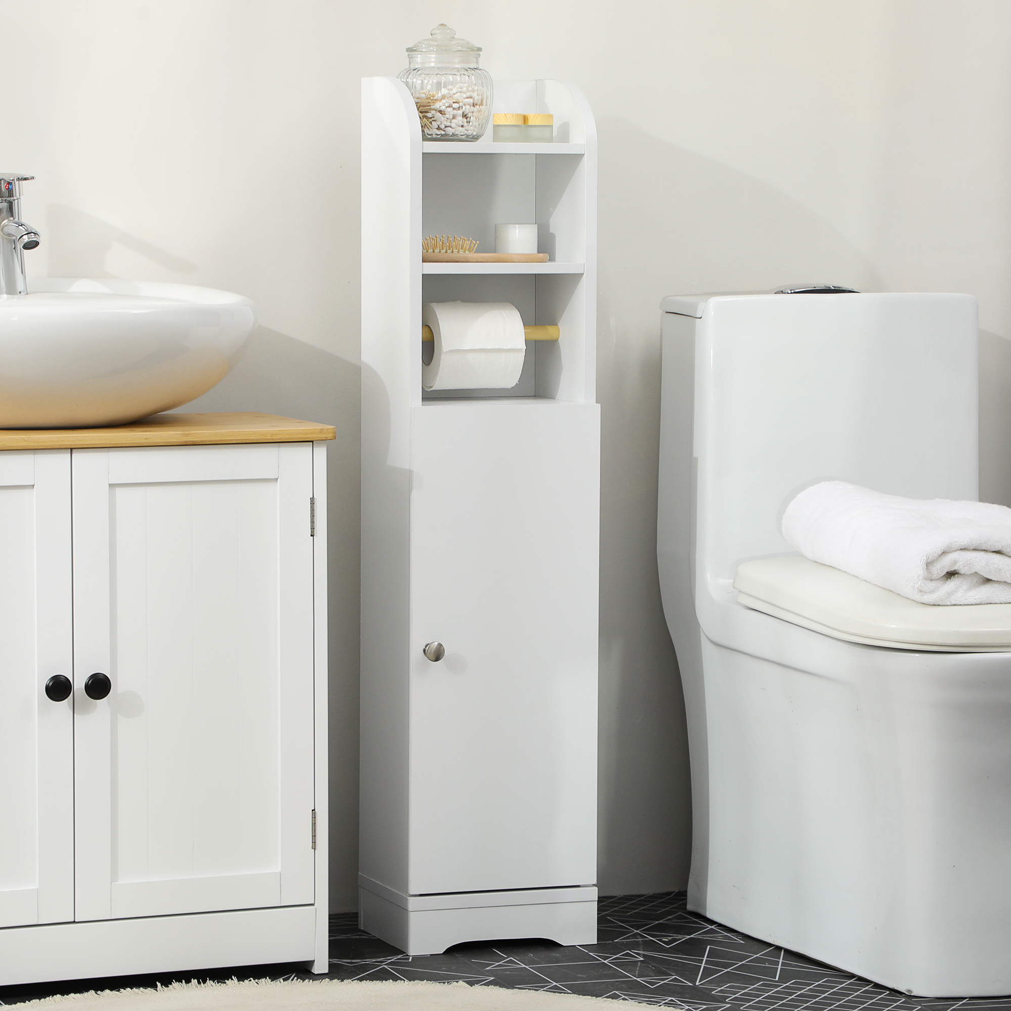 TEMU HOMCOM kleankin Support Papier Toilette armoire de rangement pour Papier de Place Salle de Bain 23 x 18 x 100 cm Blanc