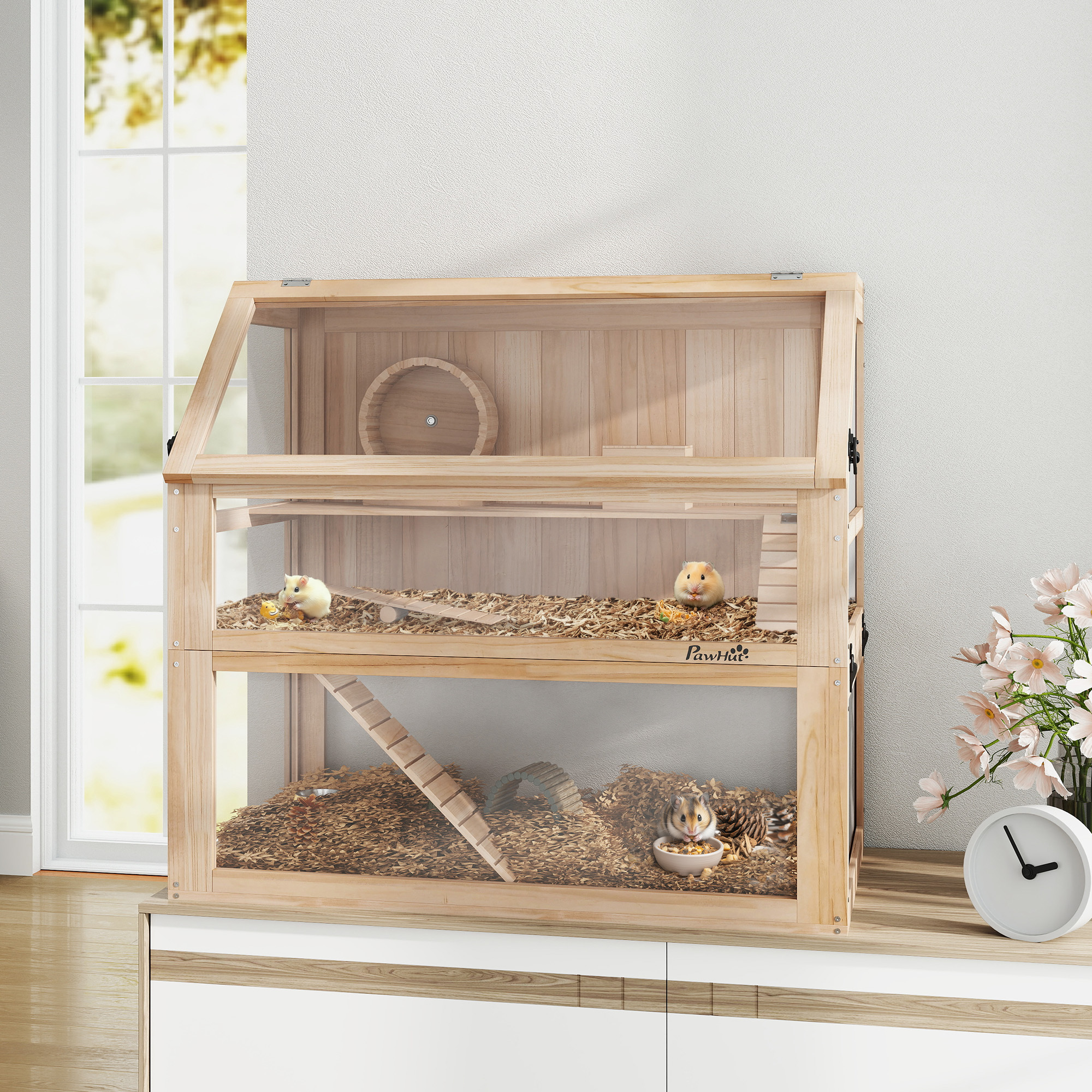 Image of Wooden Hamster Cage, 3-level, 80 X 50 X 76 Cm, Rodent Cage, Small Animal Cage With , Exercise Wheel, Hut, Deep Lower Level, Mouse Cage For Dwarf Hamsters, Natural Wood