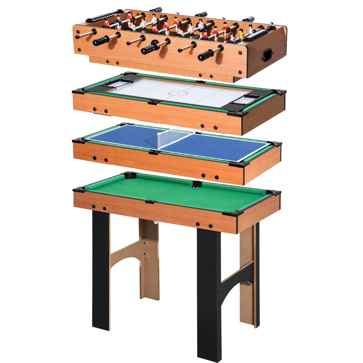 TEMU Homcom 4-in-1 Multifunctional Table For Kids: Foosball, -pong, And Billiards Table 6+ â Natural And Black, 92x78x80 Cm