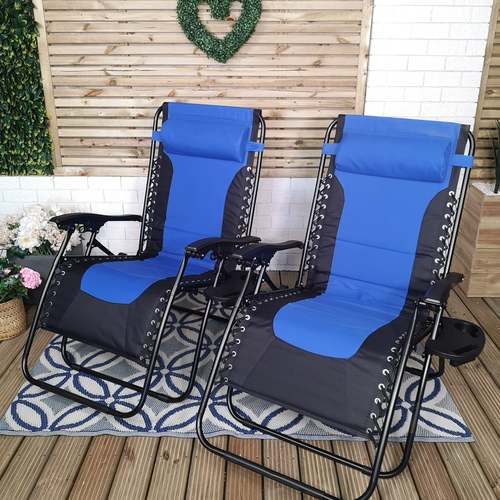set of 2 luxury padded multi gravity garden relaxer chair lounger in blue black