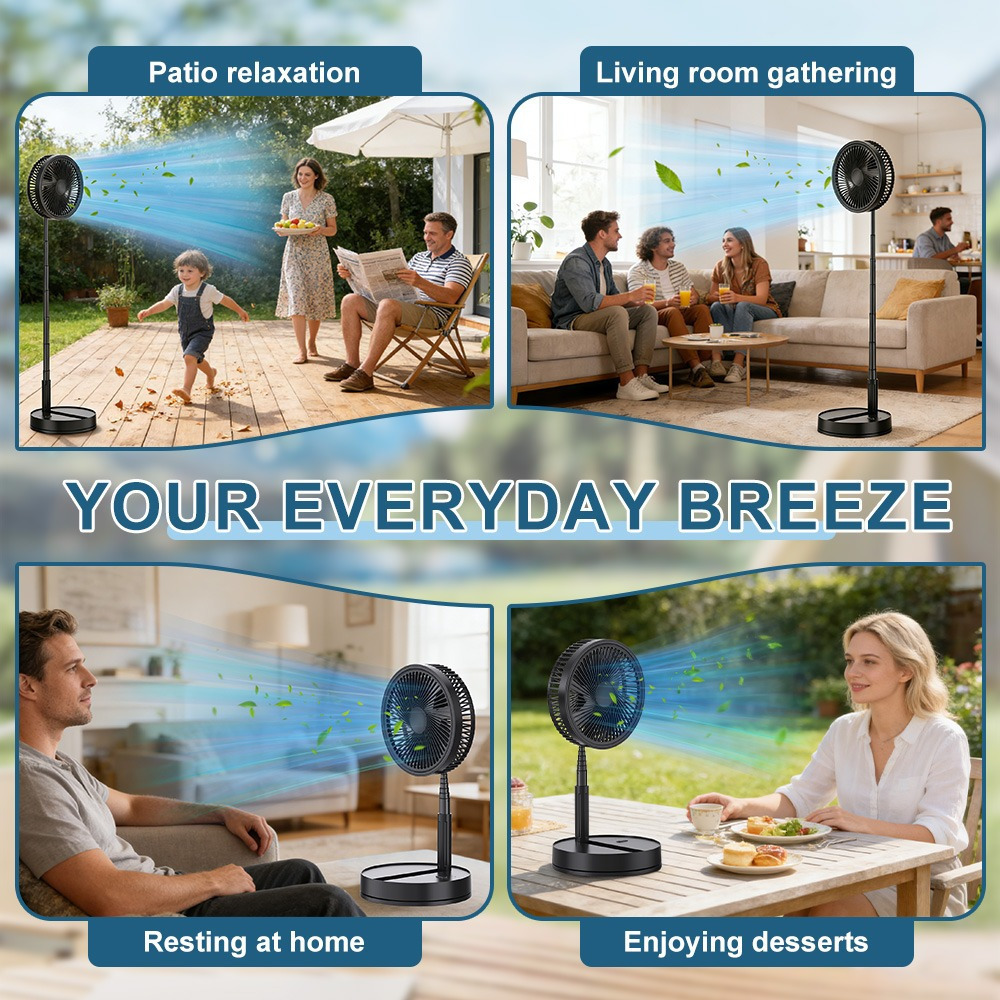 9" Rechargeable Oscillating Fan - 8000mah Battery, Usb-c, Adjustable, Quiet Folding Table Desk Fan With Remote, Standing Pedestal Fan For Bedroom, Office, Camping & Travel - Compact & Lightweight
