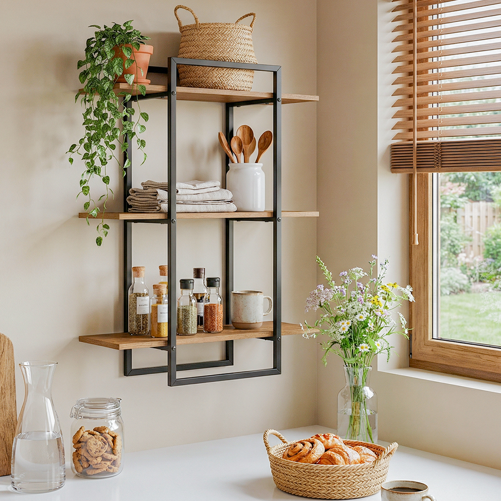 TEMU 1pc 3-tier Wall Floating Shelves With Metal Frame, Wall Mounted Shelf Kitchen Spice Rack, Versatile Bathroom Shelf, Wall Bookshelf Open Display